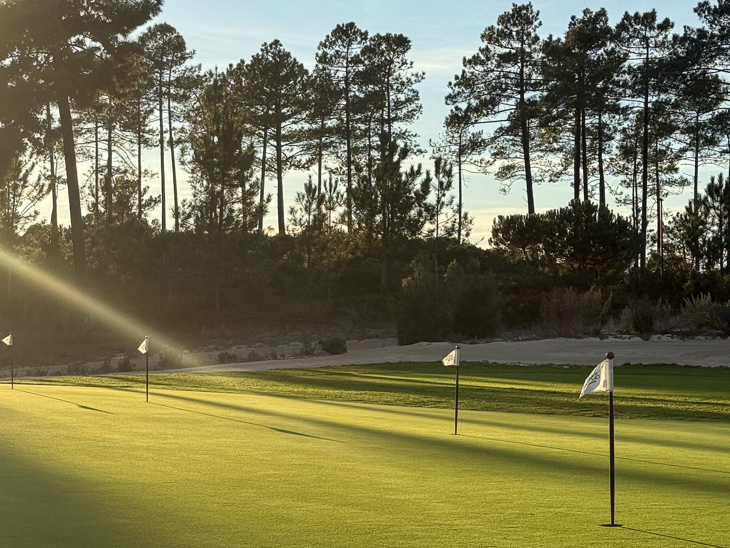 Der perfekt gepflegte, grüne Golfplatz Dunas Course gesäumt von Sandbunkern und Pinien.