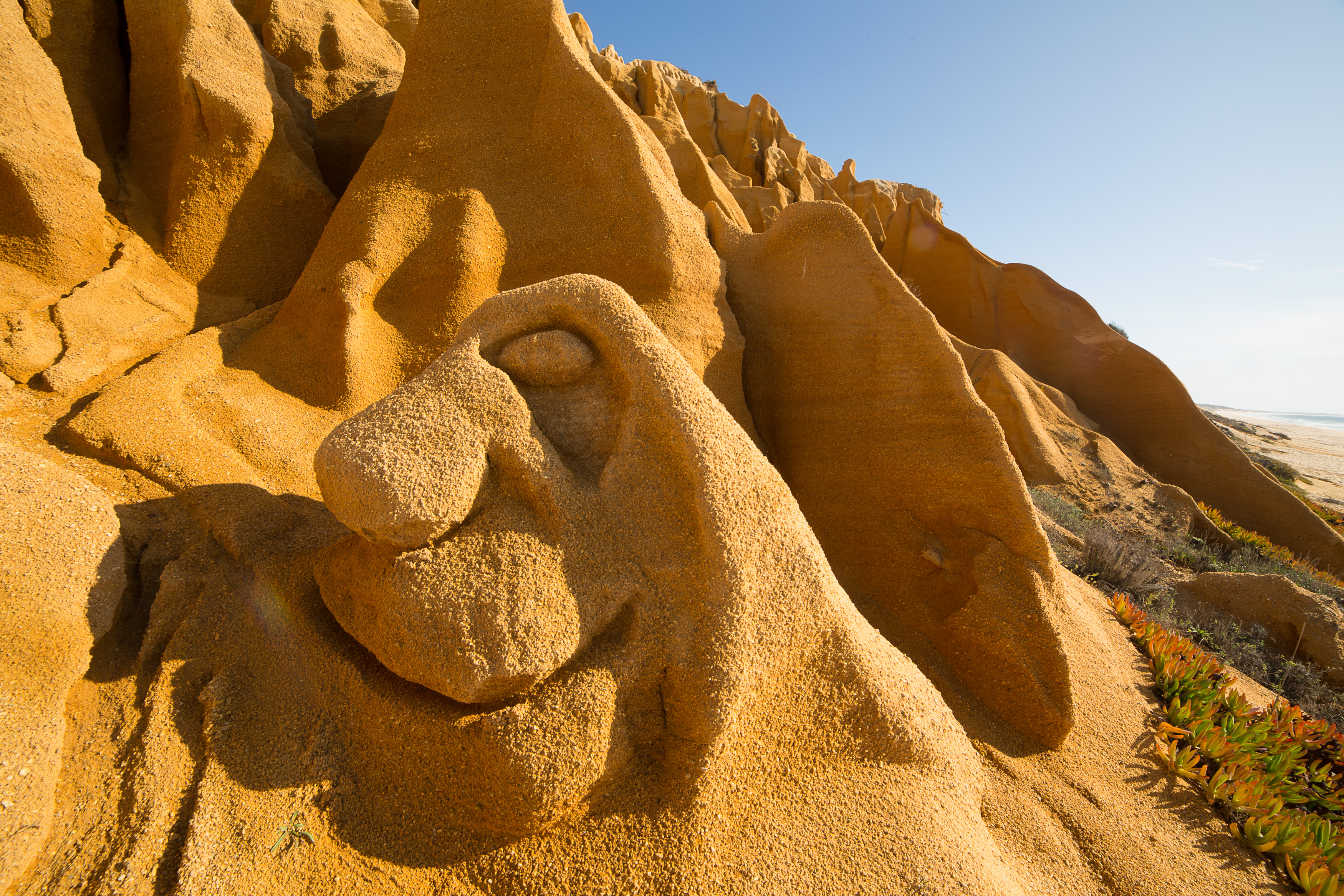 Un grand visage humain détaillé a été sculpté comme œuvre d'art directement dans la paroi tendre en grès de la falaise.
